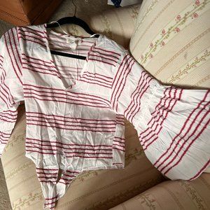Ruffle Sleeve Tie Front Top, Red & White Striped